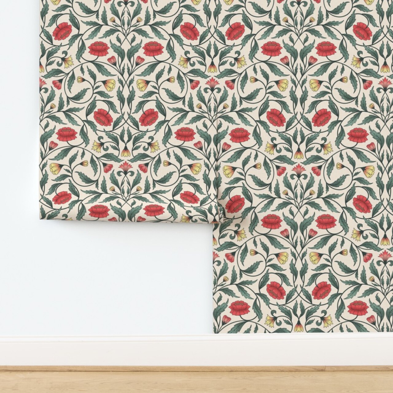 Art Nouveau Hand Drawn Floral Garden Traditional Red Roses Arts And Crafts Custom Removable Wallpaper by Spoonflower Peel & Stick Wallpaper 2FT Wide